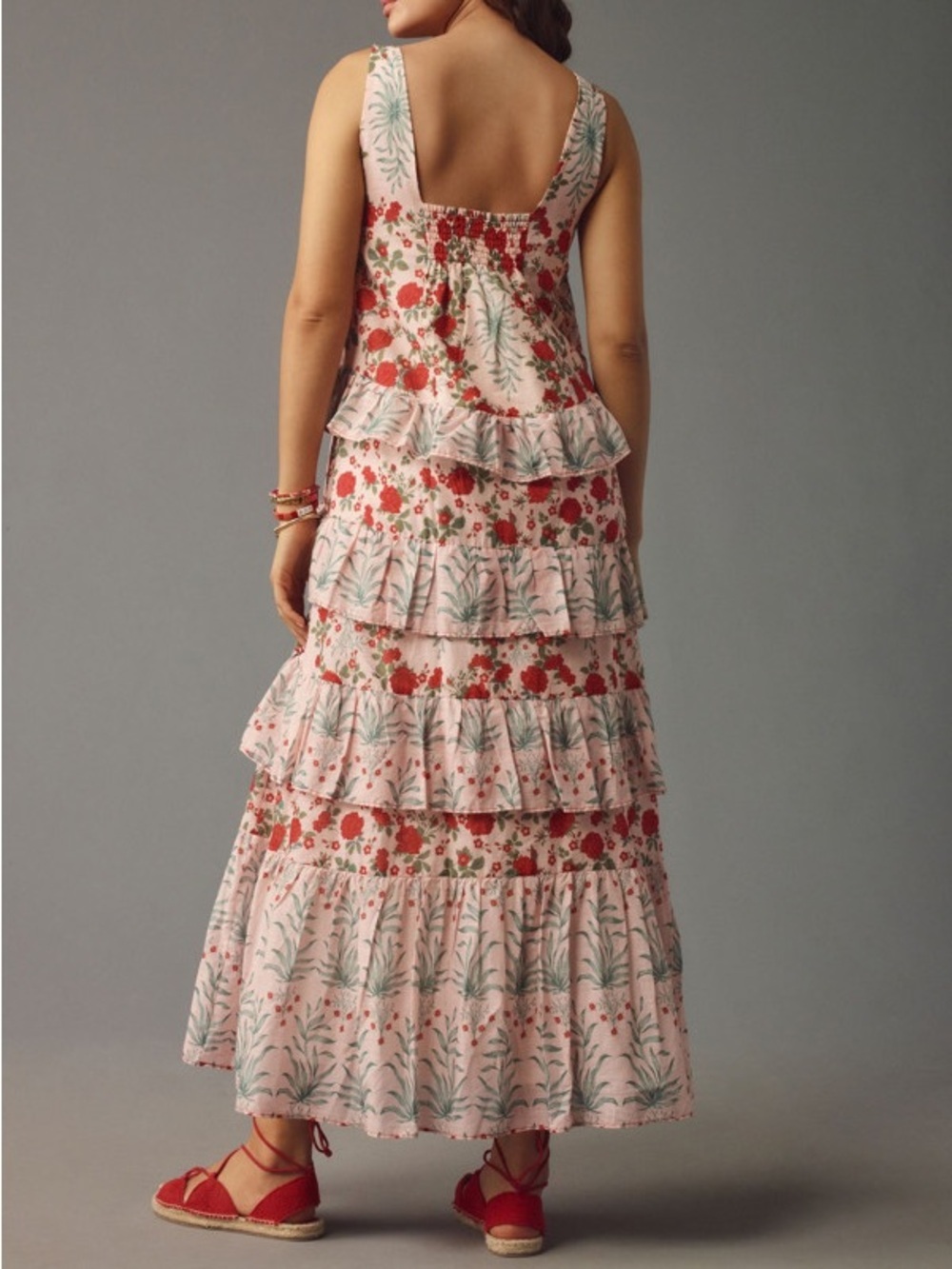 Anthropologie Sleeveless Square Neck Red Floral Ruffled Bohemian Maxi Dress S - Picture 3 of 10